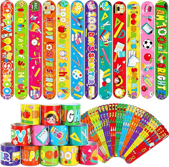 JUNEBRUSHS 100 Days of School Slap Bracelets, 56 Pcs Slap Bracelets for Kids 100th Day of School Party Favors Decorations Snap Bracelets Wristbands for Kindergarten Classroom Student Rewards