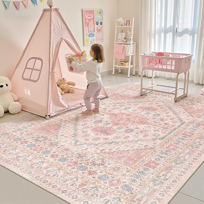 zesthome 6x9 Washable Rugs for Baby Girl, Super Soft Pink Rugs for Nursery Room, Non-Slip Stain Resistant Bedroom Rug, Ultra-Thin Large Area Rug (Pink/Blue,6'x9')