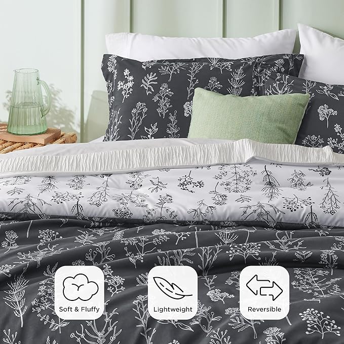 Bedsure King Comforter Set - Dark Grey Bed Set, 3 Pieces Cute Floral Bedding, 1 Soft Reversible Botanical Flowers Comforter and 2 Pillow Shams