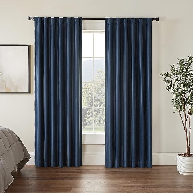 Eclipse Fresno Modern Blackout Thermal Rod Pocket Window Curtain for Bedroom (1 Panel), 52" x 84", Dark Blue