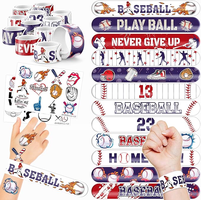 48PCS Baseball Party Favors - 24 Tattoos & 24 Slap Bracelets for Kids, Perfect for Sports-Themed Birthdays, School Prizes, and Classroom Rewards