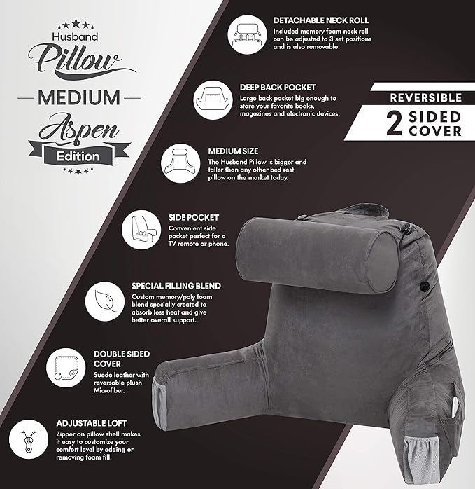 Husband Pillow Medium Aspen Edition Iron Grey, Sit Up Reading & Bed Rest with Arms, Ultra-Comfy, Detach Neck Roll - Premium Shredded Memory Foam Backrest, Reverses to Micro: Suede or Plush