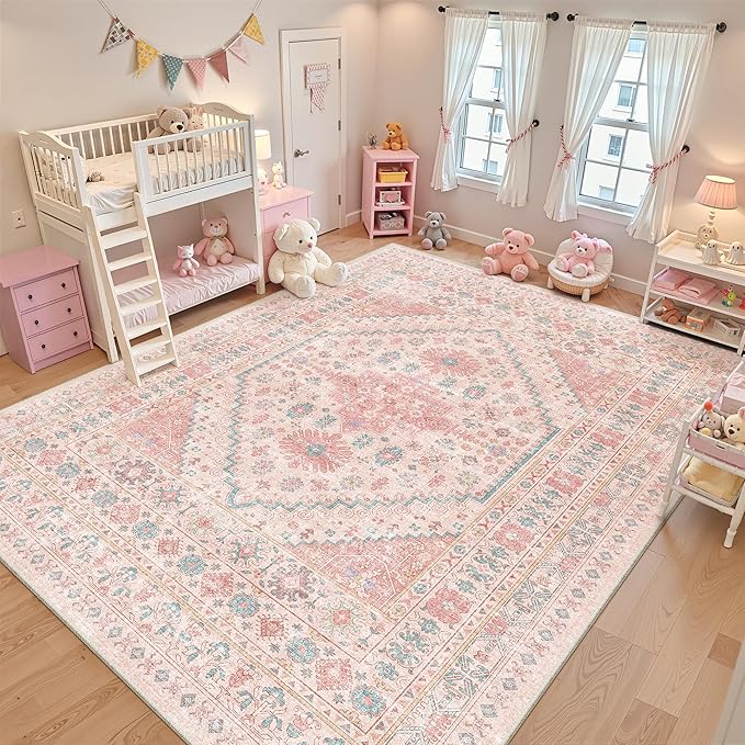 zesthome 9x12 Area Rugs for Girls Bedroom, Low Pile Machine Washable Rugs, Vintage Large Pink Rugs, Stain Resistant Nursery Room Rug, Baby Crawling Rug (Pink/Blue,9'x12')