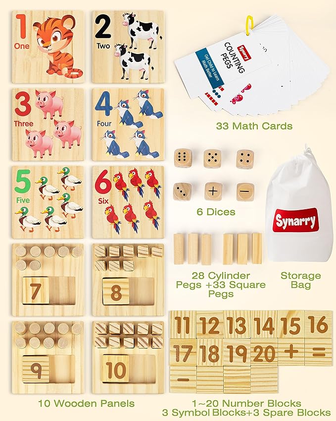 SYNARRY Wooden Counting Peg Boards - Montessori Math Manipulatives for Kindergarten Learning Activities, Number Addition and Subtraction Games for Homeschooling, Math Counters Toys for Kids Ages 3-8