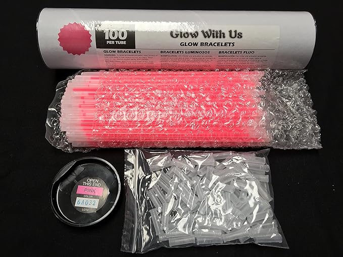 Glow Sticks Bulk Wholesale Bracelets, 100 8” Pink Glow Stick Glow Bracelets, Bright Color, Glow 8-12 Hrs, 100 Connectors Included, Glow Party Favors Supplies, Sturdy Packaging, GlowWithUs Brand