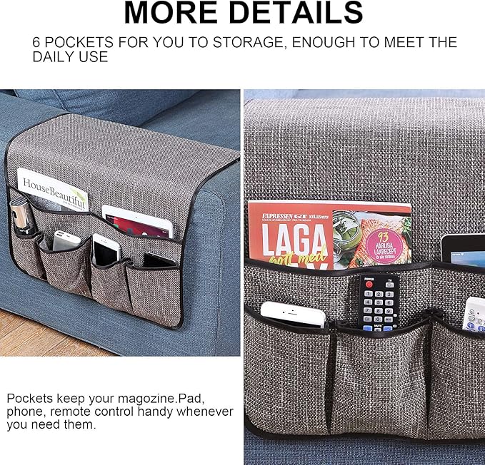 Armchair Caddy Remote Control Holder Sofa Organizer Non-Slip Couch Arm Chair Caddy with 6 Pockets for Tablets,Smart Phone,Books,Pens,Magazines,Ipad (19x35In, Darkgrey)