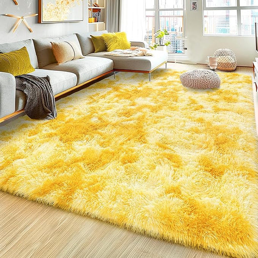 Xexsin Ultra Fluffy Area Rugs for Living Room Bedroom, 6x9 Fuzzy Large Living Room Rugs, Thick Shag Rug for Dorm, Soft Non Slip Kids Girls Boys Rug for Home Decor Aesthetic, Tie-Dyed Yellow