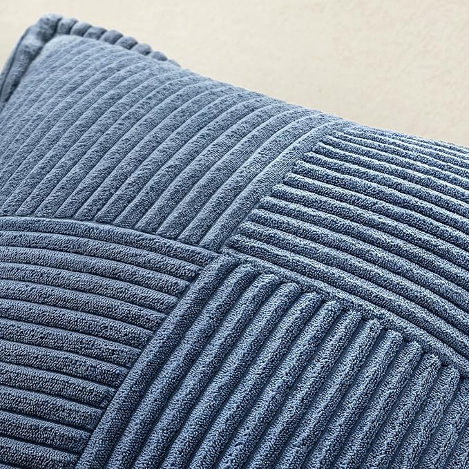 MIULEE Blue Corduroy Decorative Euro Sham Pillow Covers 24x24 Inch with Splicing Set of 2 Soft Boho Pillow Covers Broadside Textured Summer Coastal Pillowcases for Couch Bed Livingroom