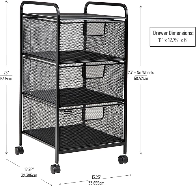 Mind Reader Office Storage Organizer with Mesh Drawers and Optional Wheels, Desktop and Under Desk Use, Metal Mesh, Black