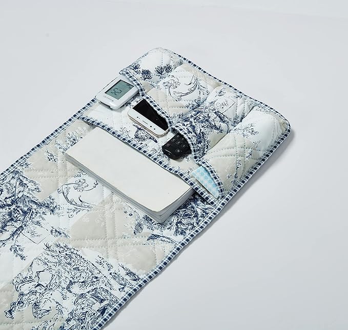 Brilliant Sunshine Blue Toile Couch Sofa Armrest 5 Pockets Organizer, Slip Resistant Recliner Armchair Caddy, Washable Remote Controls Holder, Storage for Magazine, Tablet, Phone, iPad, 35×13", Blue