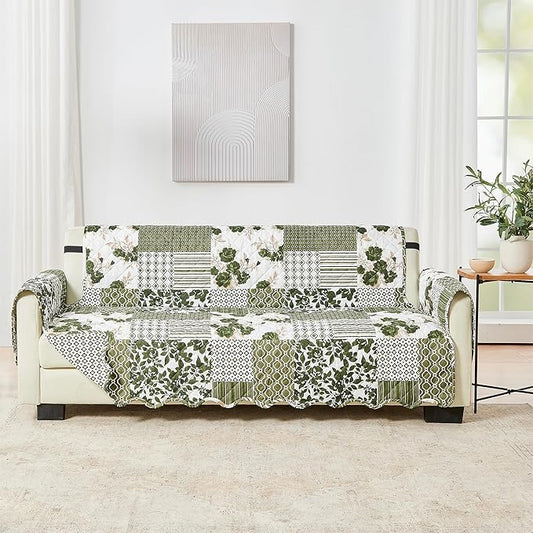 Great Bay Home Reversible Patchwork Sofa Cover - Washable Slipcover Furniture Protector with Elastic Straps - Couch Cover for Dogs, Kids, and Pets - Box-Stitched Detail (Sofa, Olive/Brown)