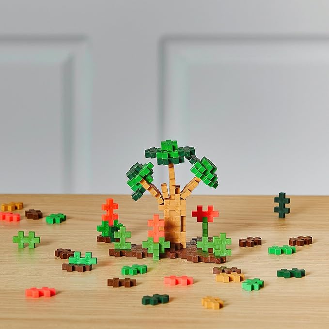 PLUS PLUS 240 Piece Interlocking Building Blocks for Kids, Open Ended Connecting Toys, STEM Bin Mini Manipulatives - Jungle Mix Play Tube & Baseplate