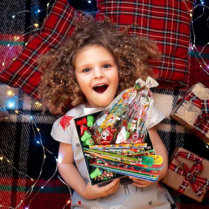 360 Pieces Christmas Stationery Party Favors Bulk: Christmas Pencil Eraser Slap Bracelets Stamps Treat Bags for Kids Classroom Gift Exchange School Games Prizes Reward Prizes Carnival Events