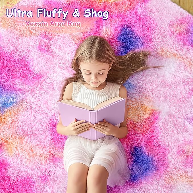 Xexsin Round Fluffy Rugs 8Ft for Girls Bedroom, Dark Rainbow Shag Circle Kids Rug Non-Slip for Bedside Dorm Nursery Playroom, Soft Cute Area Rugs for Living Room Decor