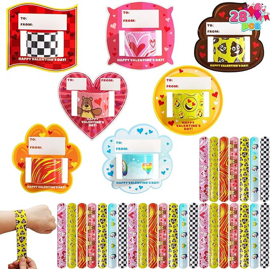 JOYIN 28 Packs Valentine's Day Slap Bracelet Set with Valentine Gift Cards for Classroom Exchange Prizes, Valentine Party Favors, Valentine’s Greeting Cards