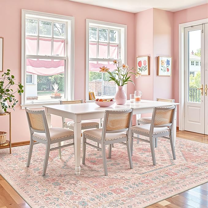 zesthome 7x9 Washable Rugs for Baby Girl, Super Soft Pink Rugs for Nursery Room, Non-Slip Stain Resistant Bedroom Rug, Ultra-Thin Large Area Rug (Pink/Blue,7'x9')