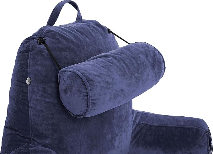 Husband Pillow Medium Dark Blue, Backrest for Kids, Teens, Petite Adults - Reading Pillows with Arms, Adjustable Loft, Plush Memory Foam, Bed Rest Chair Sitting Up, Detach Neck Roll, Removable Cover