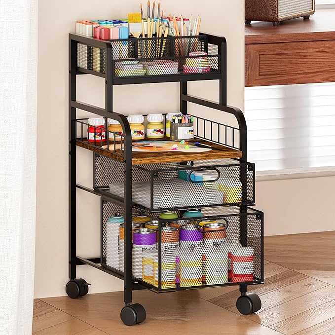 SWTYMIKI Rolling Cart with Drawers - Metal Utility Cart with Wood Shelf, DIY Divider and Locking Wheels, Craft & Art Cart Organizer for Under Desk Storage for Home Office Studio, Espresso