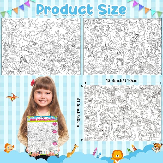3Pack Large Coloring Poster for Kids, Giant Coloring Poster for Kids, Huge Big Coloring Page Craft with Dinasour, Mermaid, Zoo Animal for Class Home Activities Kids Gifts Party Favors(43.3 x 31.5in)