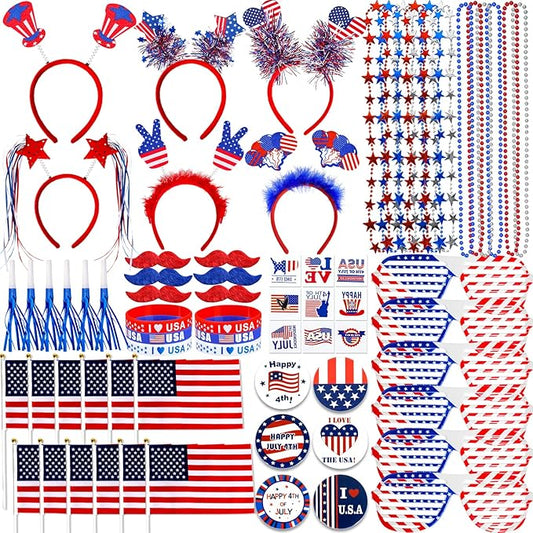 Lansian 4th of July Accessories Bulk Party Supplies, 146Pcs Patriotic Party Favors Set for Independence Day Decorations Memorial Day Celebrations USA Flags Party Parades Classroom Rewards for Kids