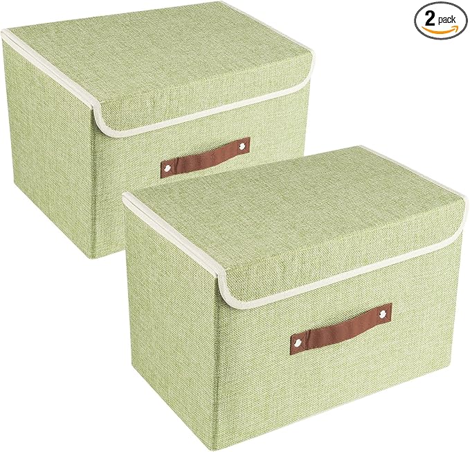 TYEERS Collapsible Storage Boxes, Washable Fabric Storage Bins with Lids, 14.9x9.8x9.8 inches, 2 Pack, Green