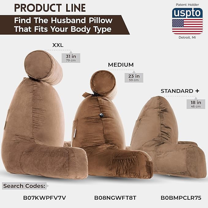 Husband Pillow Medium Aspen Edition Saddle Brown, Sit Up Reading & Bed Rest with Arms, Ultra-Comfy, Detach Neck Roll - Premium Shredded Memory Foam Backrest, Reverses to Micro: Suede or Plush