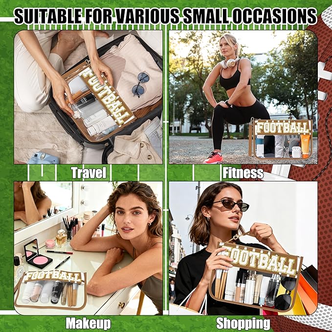 BuyCard Football Gifts Makeup Bag with Chenille Letter Patch, Clear Cosmetic Pouch PVC Organizer Purse, Waterproof Travel Bag, Portable Toiletry Storage Bag for Her Friends