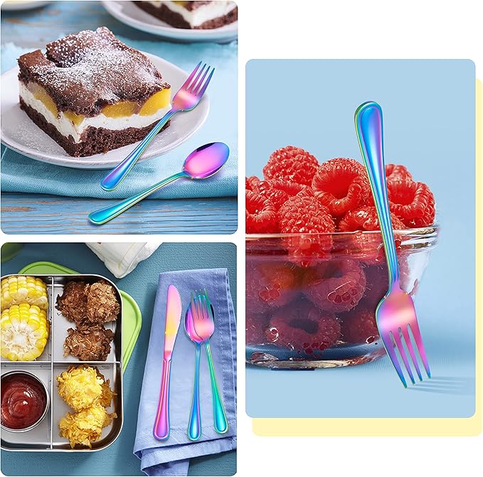 E-far 6-Piece Kids Silverware, Stainless Steel Toddler Utensils Safe for Preschooler/Children, Includes 2 Forks 2 Spoons 2 Knife, Slimline Adult Look & Small Size, Rust Free & Dishwasher Safe-Rainbow