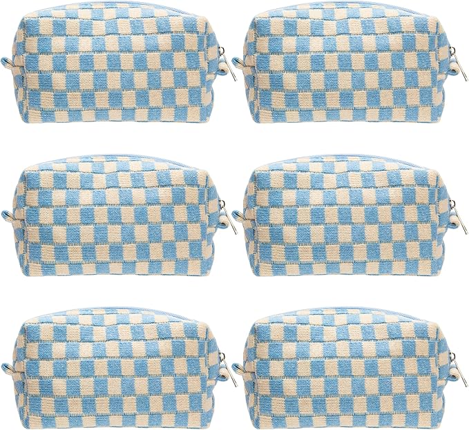 PAZIMIIK 6PCS Checkered Makeup Bag for Purse Portable Zipper Make Up Pouch Small Cosmetic Case for Travel Accessories Blue Beige