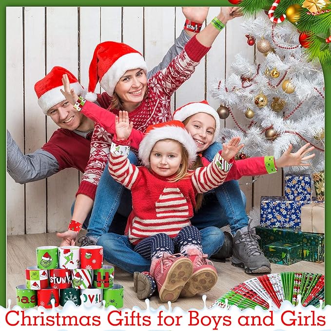 48PCS Christmas Slap Bracelets, Christmas Party Favors Toys for Kids Xmas Slap Wristbands Snap Bracelets Bulk for Christmas Stocking Stuffers Decoration Gifts Bag Filler