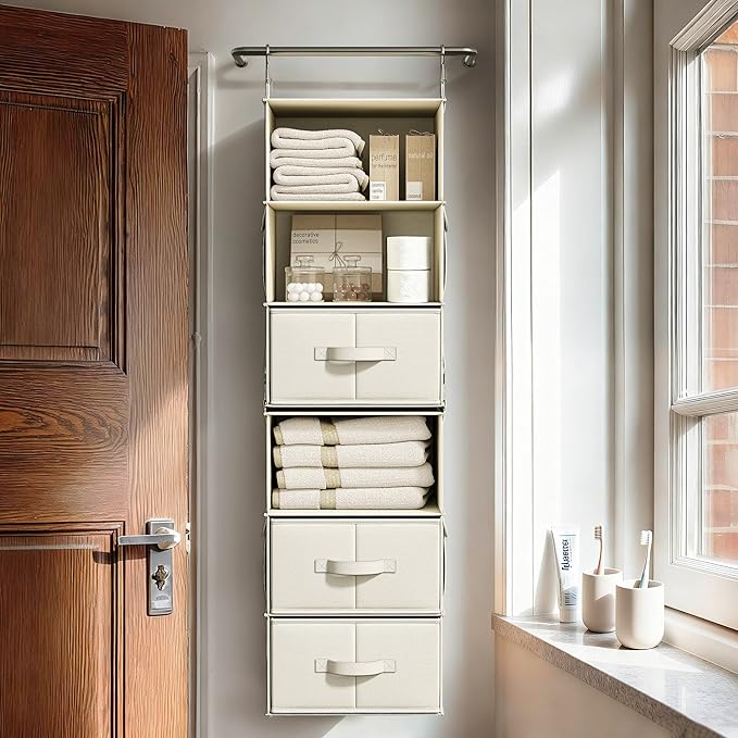 Vailando 6-Shelf Hanging Closet Organizer with 3 Drawers, 2 Separable 3-Shelf Closet Organizers and Storage for Wardrobe Organization, Hanging Dresser for Nursury & Dorm Clothes Organizer, Beige