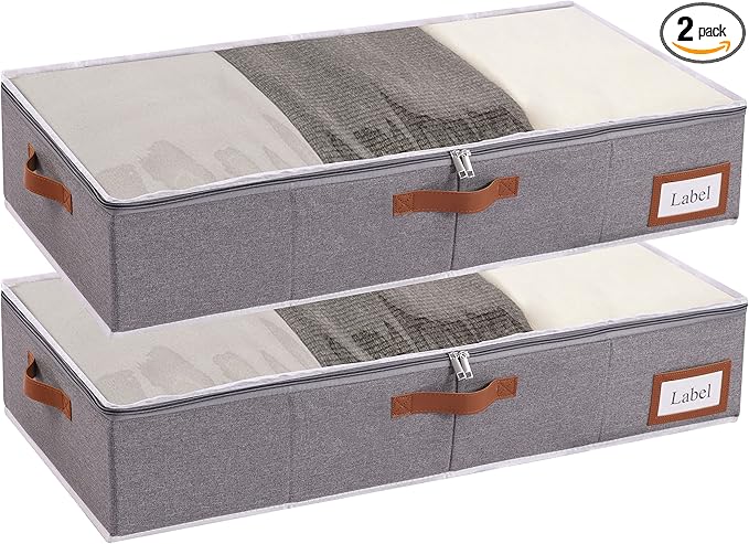 Yawinhe Under Bed Storage Containers, 2 Pack, Bin with Lids, Collapsible Closet Organizers, with Sorting Card Slot and 4 Leather Handles, for Blanket, Bedding, 31.5''Lx15.7''Wx6''H, Grey