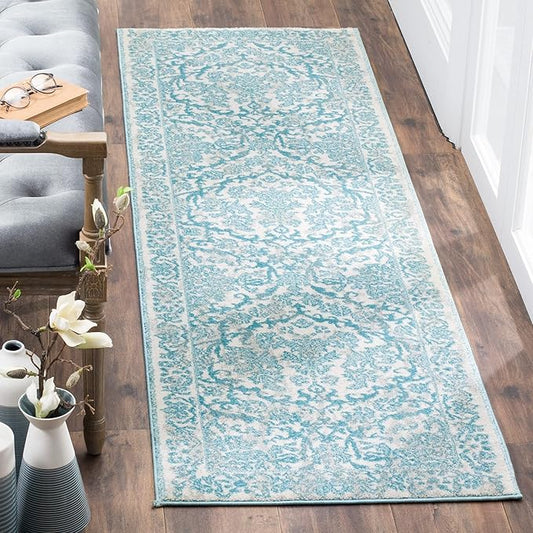 SAFAVIEH Evoke Collection 2'2" x 13' Ivory / Light Blue EVK242C Non-Shedding Living Room Bedroom Runner Rug