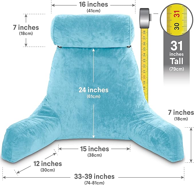Husband Pillow XXL - Reading Pillow Bed Chair with Arms & Back Support - Carolina Blue - Back Pillow for Sitting Up - Bed Rest Arm Pillow - Comfy Reading Pillow for Adults