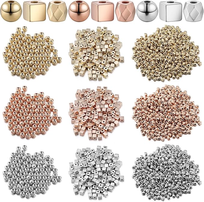 3000 Pieces Assorted Spacer Beads Include 1500 Faceted Rondelle Cube Column, 900 Round Ball, 600 Square Charm Loose Spacer Bead for DIY Jewelry (Gold, Sliver, Rose Gold)