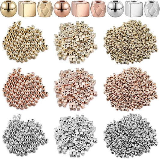 3000 Pieces Assorted Spacer Beads Include 1500 Faceted Rondelle Cube Column, 900 Round Ball, 600 Square Charm Loose Spacer Bead for DIY Jewelry (Gold, Sliver, Rose Gold)