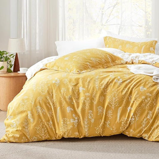 Bedsure Twin/Twin XL Comforter Set - Yellow Bed Set, 2 Pieces Cute Floral Bedding, 1 Soft Reversible Botanical Flowers Comforter and 1 Pillow Sham