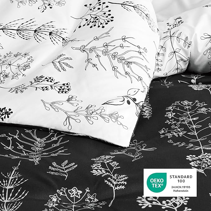 Bedsure Queen Comforter Set - Black Bed Set, 3 Pieces Cute Floral Bedding, 1 Soft Reversible Botanical Flowers Comforter and 2 Pillow Shams
