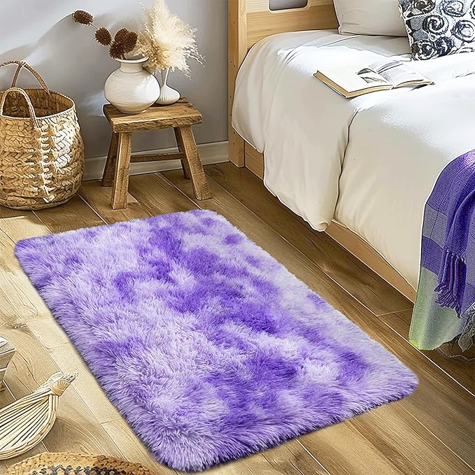 Xexsin Small Rugs for Bedroom, Fuzzy Throw Rug for Living Room Dorm, Soft Fluffy Bedroom Rug, Non Slip Shag Rugs, Modern Indoor Home Decor Aesthetic, 2x3 Feet, Tie-Dyed Purple