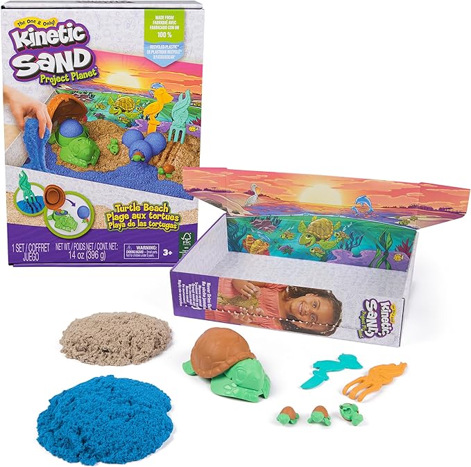 Kinetic Sand, Project Planet Turtle Beach with 14oz Play Sand, Tools & Molds, Sustainably Minded Eco Friendly Materials, Sensory Toys for Kids