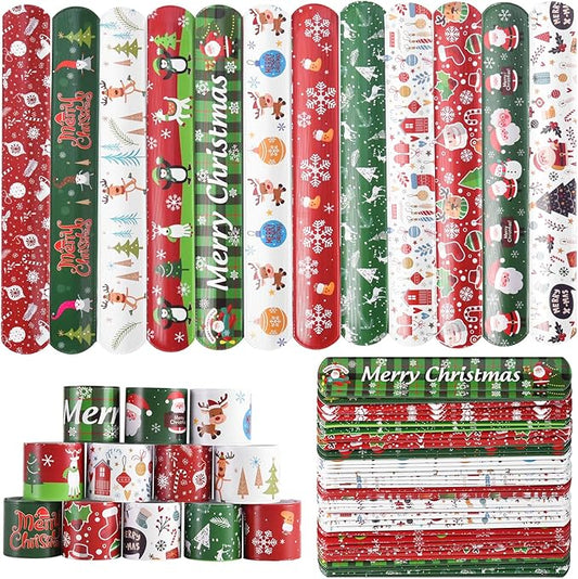 48PCS Christmas Slap Bracelets Slap Xmas Snap Bracelet Party Favors Toys Slap Bands Assorted Christmas Theme Pattern for Christmas Party Favors