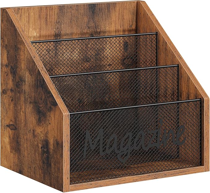 YATINEY Magazine Holder, Wood Magazine Rack Floor, Mail Organizer Countertop, Magazine Mail Holder Sorter, Record Holder for Magazines, Books, Newspapers, Tablets, Rustic Brown and Black MR02BR