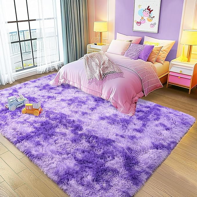Xexsin Ultra Fluffy Area Rugs for Living Room Bedroom, 6x9 Fuzzy Large Living Room Rugs, Thick Shag Rug for Dorm, Soft Non Slip Kids Girls Boys Rug for Home Decor Aesthetic, Tie-Dyed Purple