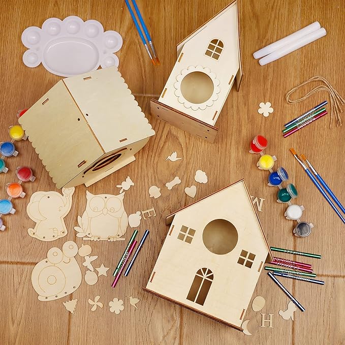 3 Pack Bird Houses for Outside, DIY Bird House Wind Chime Kit, Bird House Kits for Children to Build, Wooden Bird Houses to Paint, Wooden Craft Kits for Kids Girls Boys Toddlers