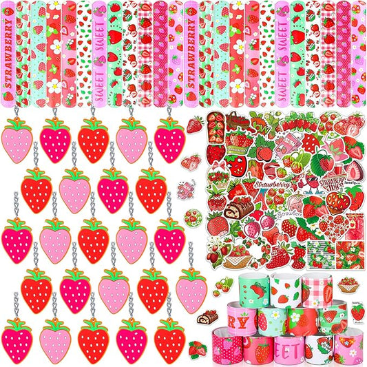 196 Pieces Strawberry Party Favors Include Sweet Berries Slap Bracelets Stickers Keychains for Berry Birthday Party Supplies Sweet One Party Summer Fruit Goodie Bag Fillers
