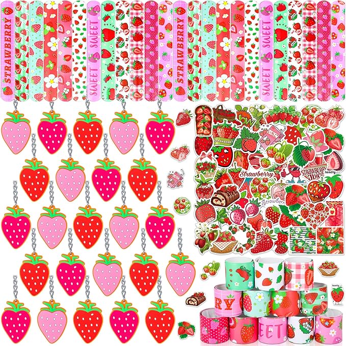 98 Pieces Strawberry Party Favors Include Sweet Berries Slap Bracelets Stickers Keychains for Berry Birthday Party Supplies Sweet One Party Summer Fruit Goodie Bag Fillers