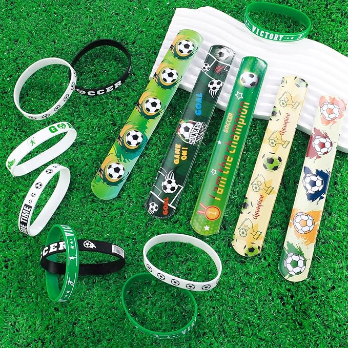 60PCs Soccer Party Favor Soccer Silicone Bracelet Soccer Slap Bracelet Tattoos for Sports Themed Birthday Party Decor Goodie Bag Fillers(Soccer)