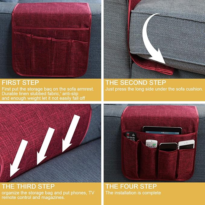 Sofa Armrest Organizer Non-Slip Remote Control Holders for Recliner Couch Chair Armchair Caddy with 5 Pockets for Table,Cell Phone,Ipad,Magazines,Books (13x35In, WineRed)