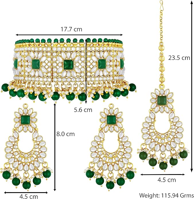 Aheli Bridal Kundan Faux Pearl Choker Necklace with Earrings Maang Tikka Gift for Women Indian Traditional Bollywood Fashion Jewelry Set