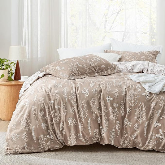 Bedsure Full Comforter Set - Light Taupe Bed Set, 3 Pieces Cute Floral Bedding, 1 Soft Reversible Botanical Flowers Comforter and 2 Pillow Shams